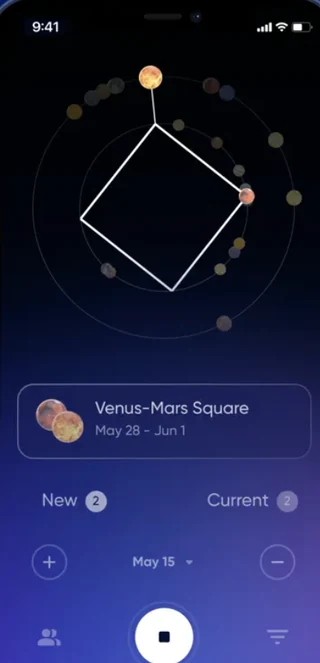 The motion stopped on a square figure drawn between Venus and Mars, named underneath with the dates it holds.